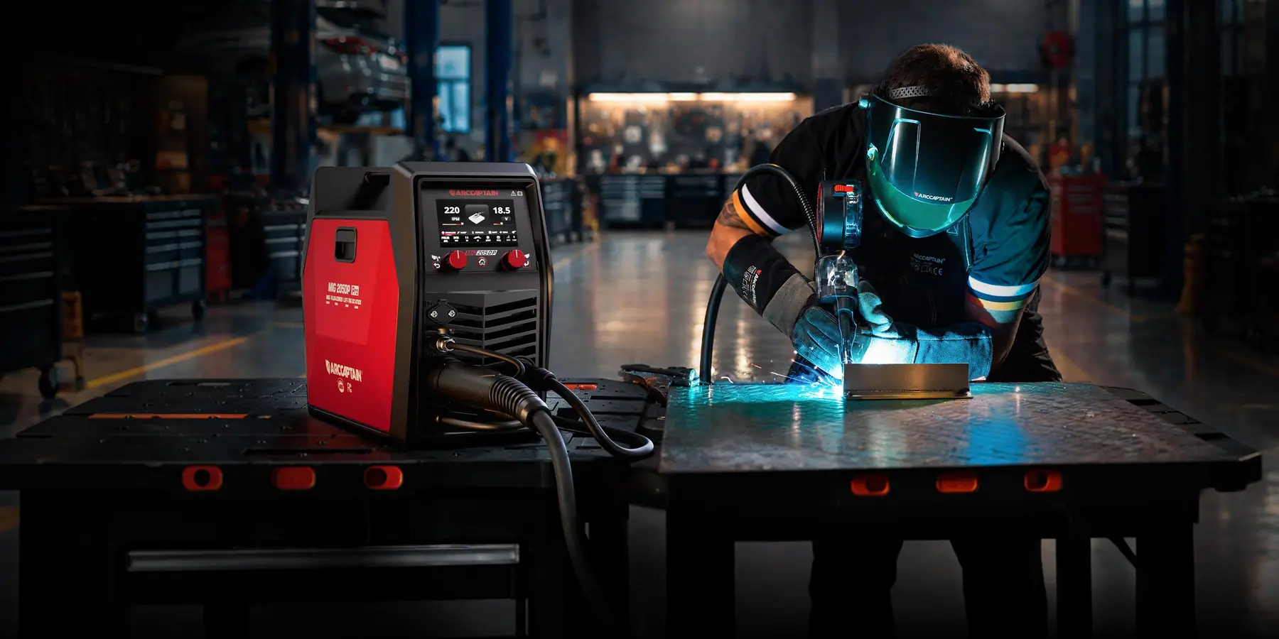 ARCCAPTAIN welding equipment in a working metal fabrication shop